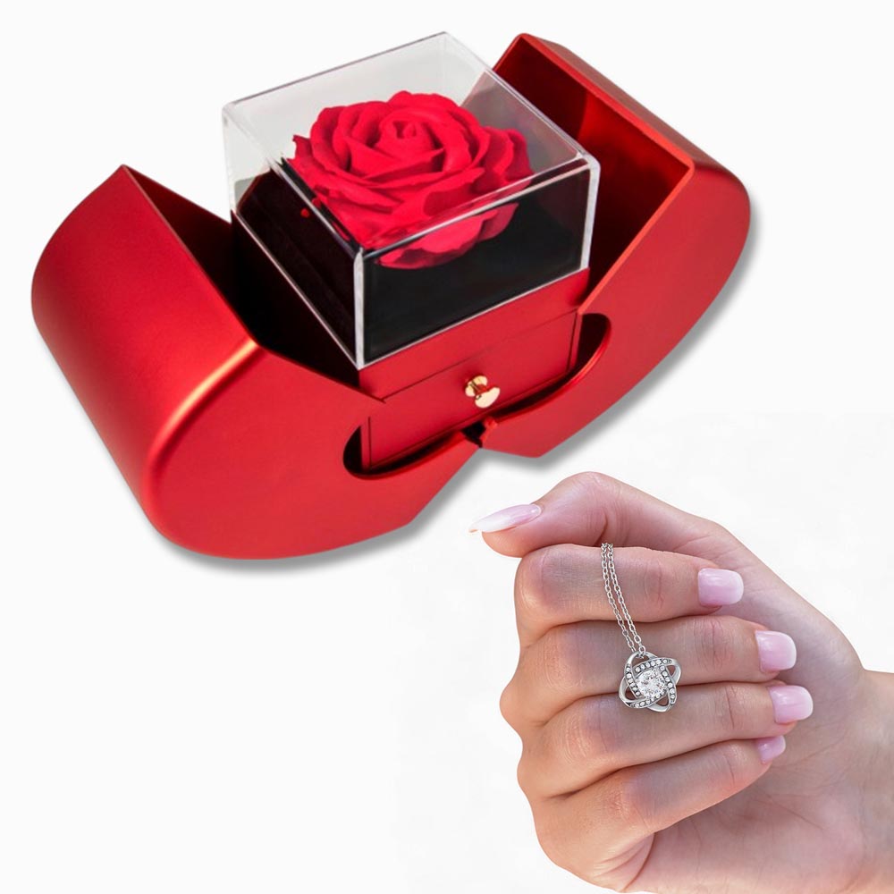 Stunning Zirconia Love Knot Necklace encased in a gorgeous ROSE BOX