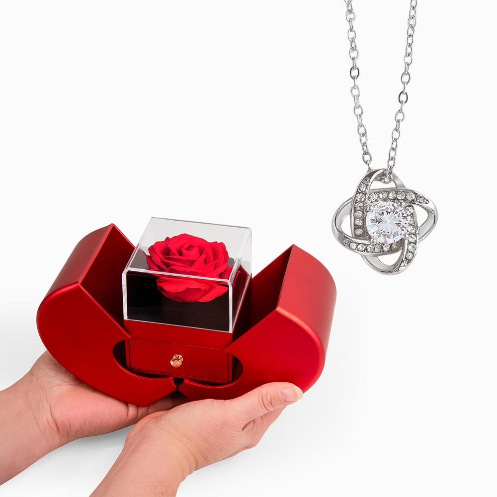 Stunning Zirconia Love Knot Necklace encased in a gorgeous ROSE BOX