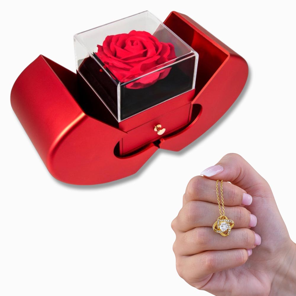 Stunning Zirconia Love Knot Necklace encased in a gorgeous ROSE BOX
