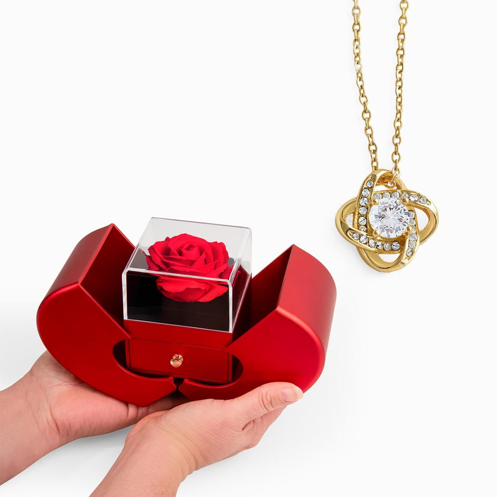 Stunning Zirconia Love Knot Necklace encased in a gorgeous ROSE BOX