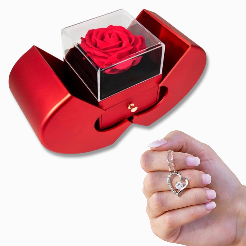 Stunning HEART necklace with inlaid sparkling Zirconia in a gorgeous Red Rose Box.