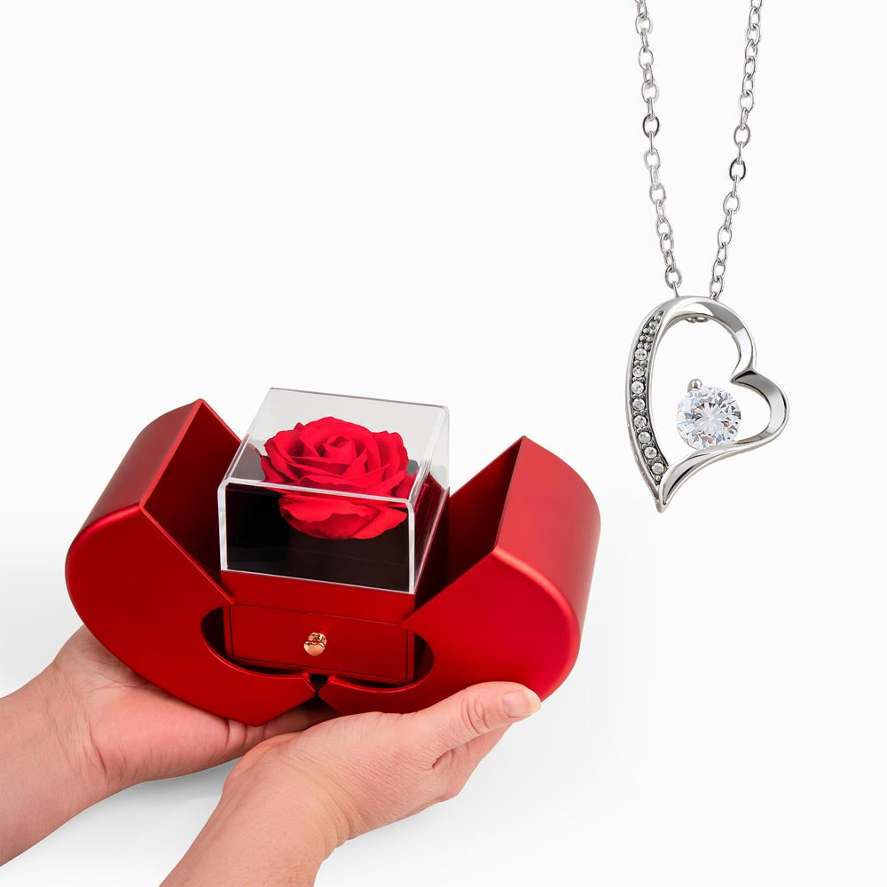 Stunning HEART necklace with inlaid sparkling Zirconia in a gorgeous Red Rose Box.